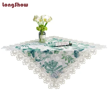 

Lovely Elegant 100% Polyester Green Color Monstera Leaf Pastoral Style Floral Embroidred Lace Large Tablecloth