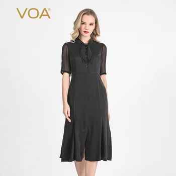 

VOA Black Silk-Based Led Single Row ding zhu kou Micro Penetration Half Sleeve Rear Zipper Slim Elegant Dress AH38