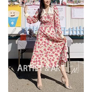 

Svoryxiu Runway Custom Rose Flower Print Long Dress Women's Fashion Lantern Sleeve Spring Summer Party Dresses 2020