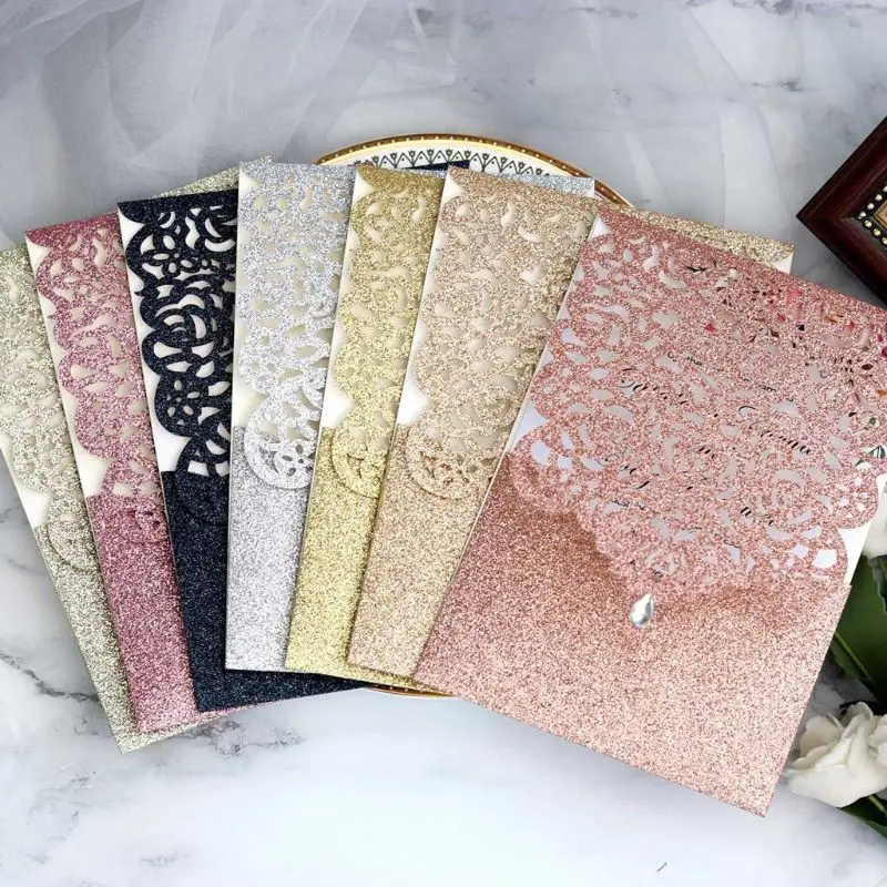  10pcs Laser Cut Glitte Rose Invitations Card with Rhinestone Kits Wedding Party - 4000299533302