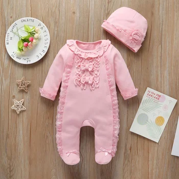 

0-12M Baby Girl Rompers Set With Hat Newborn Girls Clothes Cotton Pajamas Long Sheeve Baby Infant Clothing