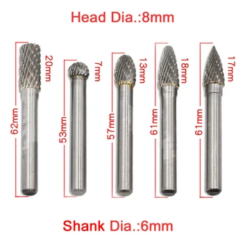 

5pcs Tungsten Carbide Rotary Point Burr Double Cut Head Deburring Polishing Cast Iron Carbon Steel Power Tools