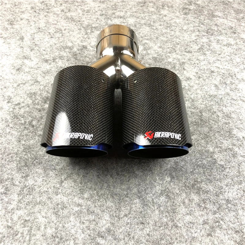 

1 PC glossy black carbon fiber + blue stainless steel exhaust tail tip auto universal Akrapovic exhaust end pipes muffler