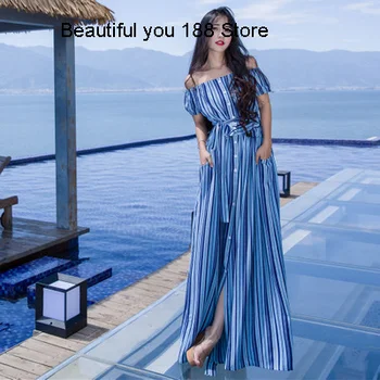 

striped bohemian blue Summer new chiffon dress seaside holiday beach dress fairy