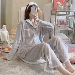 Kadife Pijama Takımı Winter Thick Flannel Sweet Lace Long Sleeve Night Dress Set Women New Simple Warm Two-piece Set Home Wear