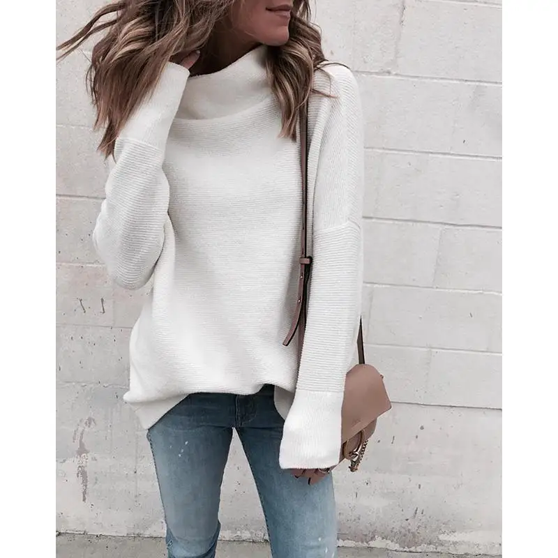 

Casual Loose Jumper Women Turtleneck Knitted Tops Autumn Batwing Sleeve Pullovers Woman Clothes White Sweaters SJ4067C
