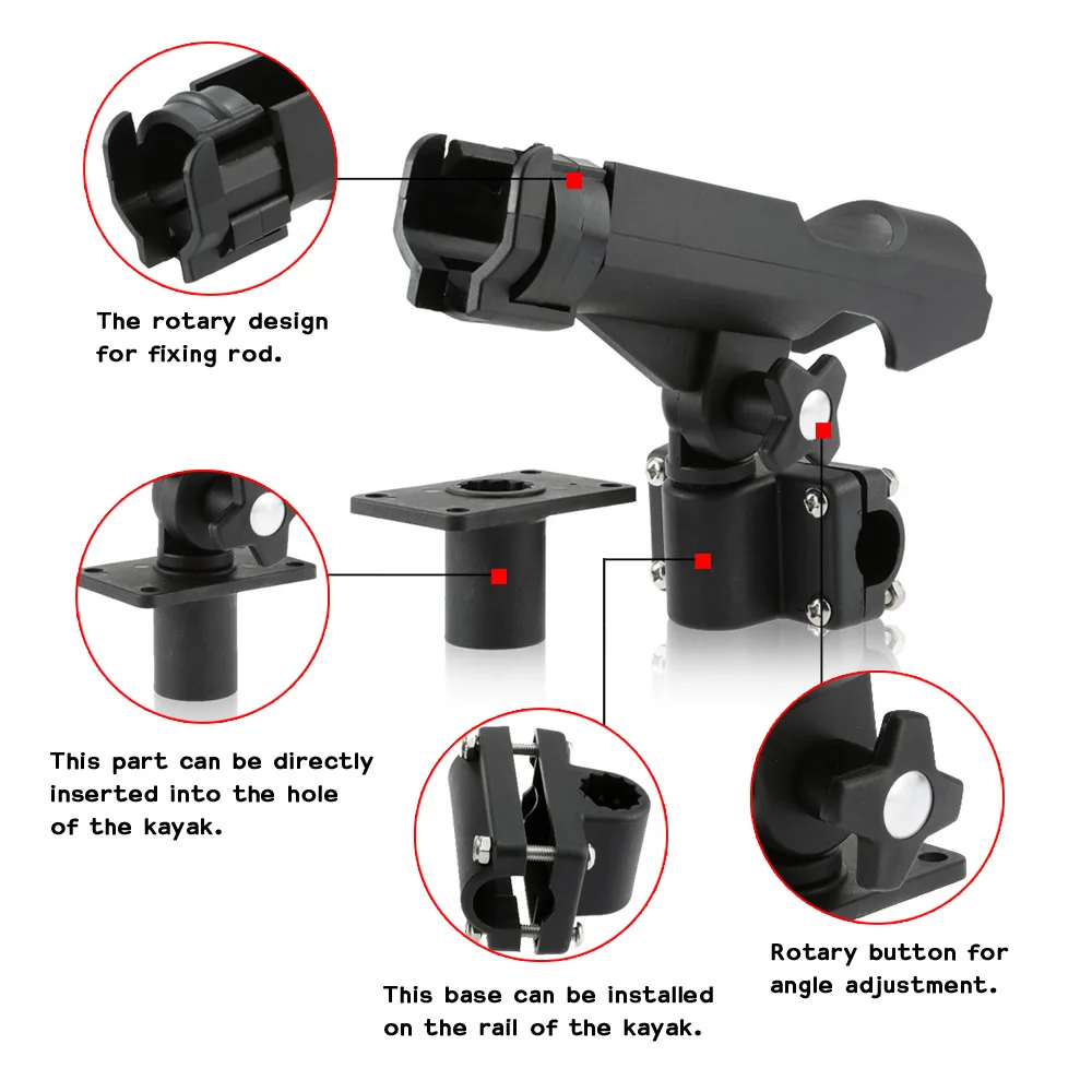 

Black Fishing Kayak Boat Rod Holder Adjustable Durable Side Rail Mount Installed On Kayak & Boat Fishing Tackle Accessory Tool