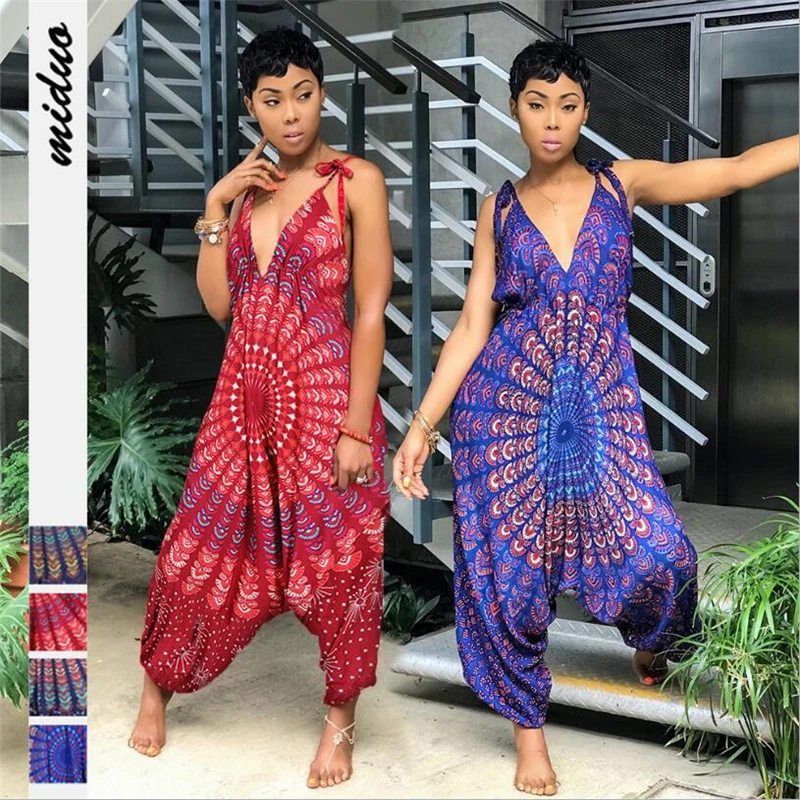 

2020 Wholesale Hot sexy printed african jumpsuit for womens Traditional printed loose Rompers dashiki pants suit backless cloth