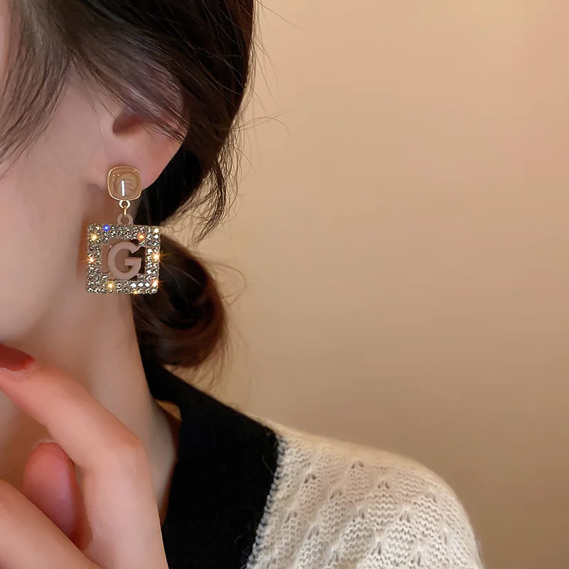 Golden Earrings Geometric Earrings Luxury Rhinestone Square For Women