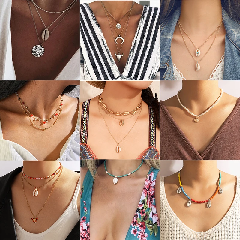 Docona Boho Beach Metal Shell Hollow Flower Pendant Layered Necklace For Women Vintage Crystal Cross Letter Jewelry Collars | Украшения и