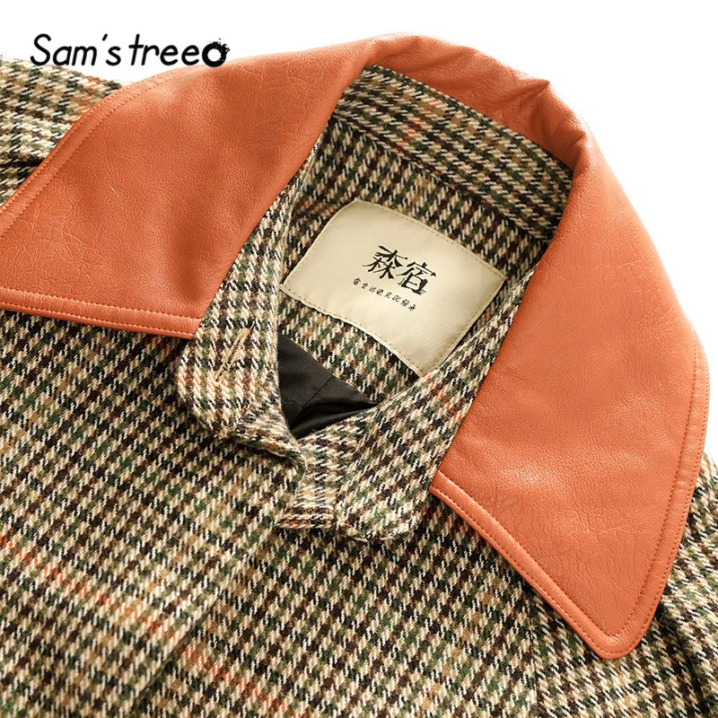 SAM'S TREE клетчатое цветное кожаное лоскутное шерстяное пальто для женщин зимнее свободное повседневное женское пальто на одной пуговице с разрезом сзади