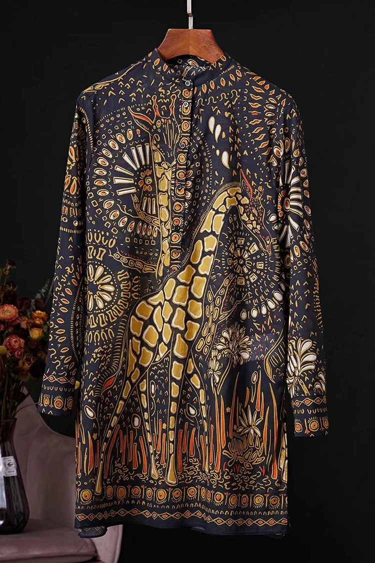 Ziwwshaoyu Подиум дизайнер хлопок Женская Длинная блузка с длинным рукавом с принтом жирафа кардиган топ модная рубашка