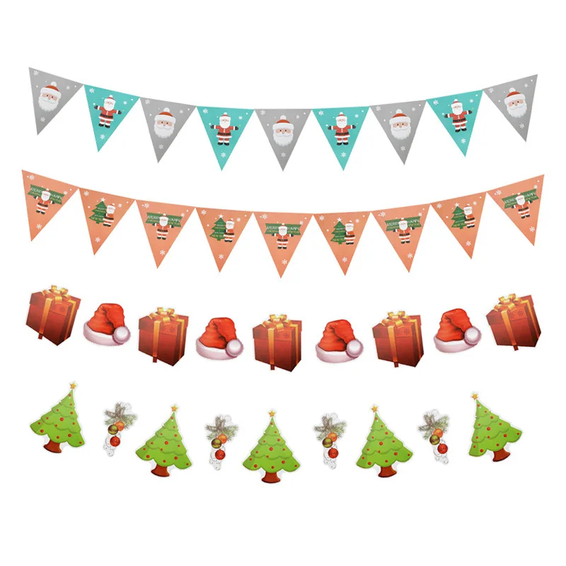 1 Set Merry Christmas Paper Pennant Bunting Banner Christmas Theme Cartoon Flags with Rope for XMAS Tree Wall Hanging Decoration