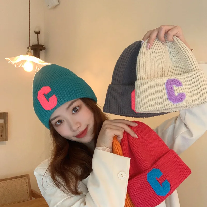 Knitted Hat Knitted Cap Knitted Beanie Winter Hat Fashion Beanies Simple Multi Color Big C Letter Winter Hat Women Winter Unisex Beanie Cap Outdoor Thick Warm Hip hop Sport Ski Knitted Hats