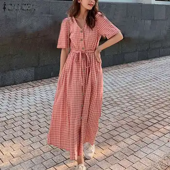 

Elegant Plaid Shirt Dress Women's Summer Sundress 2020 ZANZEA Casual Button Tunic Vestidos Female Check Midi Robe Plus Size 5XL