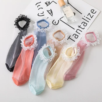 

Women Flowers Lace Sheer Socks Mesh Transparent Thin Crystal Silk Short Socks Elasticity Ankle Socks For Girls