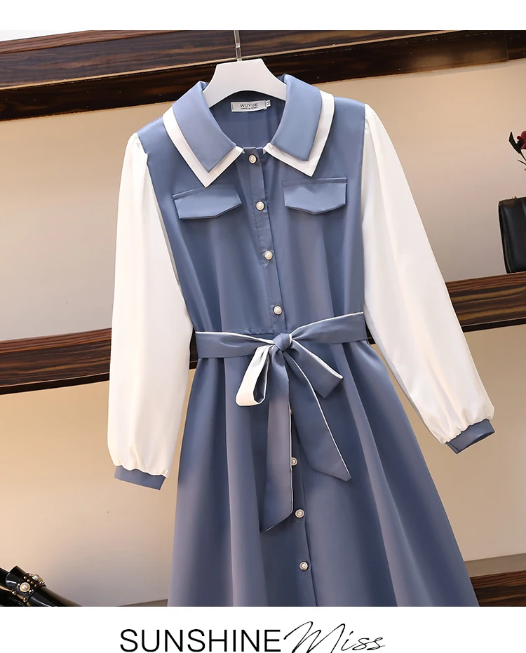 Elegant Long Sleeve Patchwork Single-breasted Loose Long Dresses Fall Women Blue Shirt Dress Clothes 8 Hcbae19ebb18c44a7a11e7b9eac7001e7U