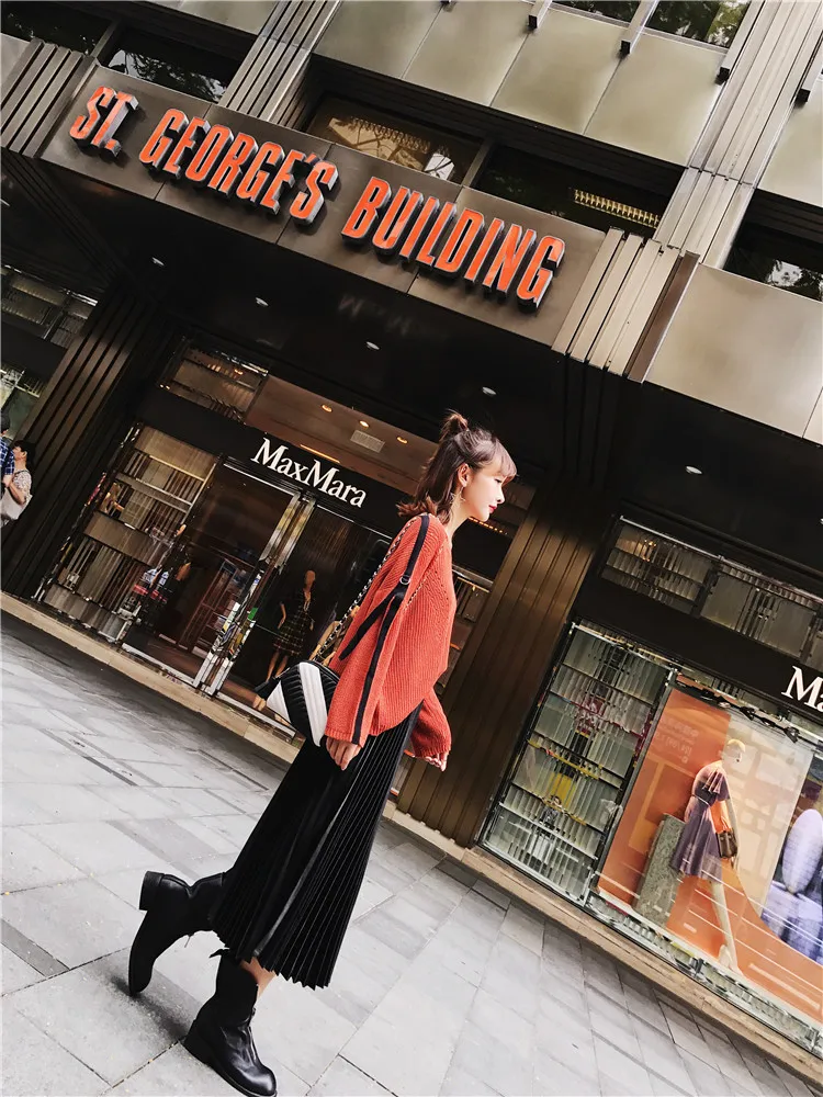 Ulzzang qiu dong han edition, Длинные атласные юбки цвета металлик, плиссированные юбки