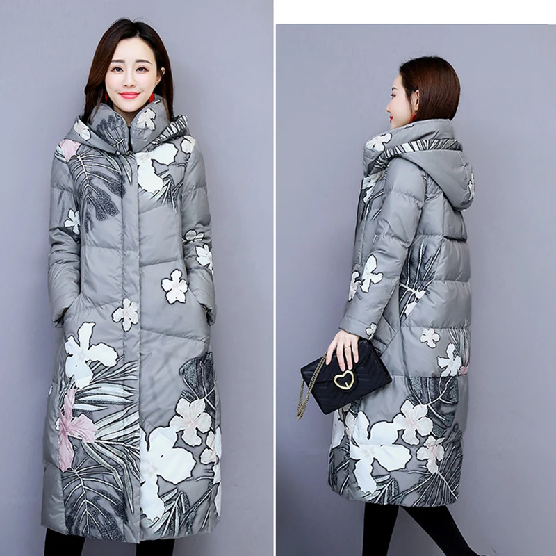 Women warm cotton jacket small fresh long cotton print coat with hood winter jacket womens slim long sleeve parka Overcoat G83