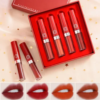

New 4pcs/set Lips Makeup Liquid Lipstick Mirror Surface Lip Gloss Tint Lasting Moisturizing Non-stick Cup Lip Glaze