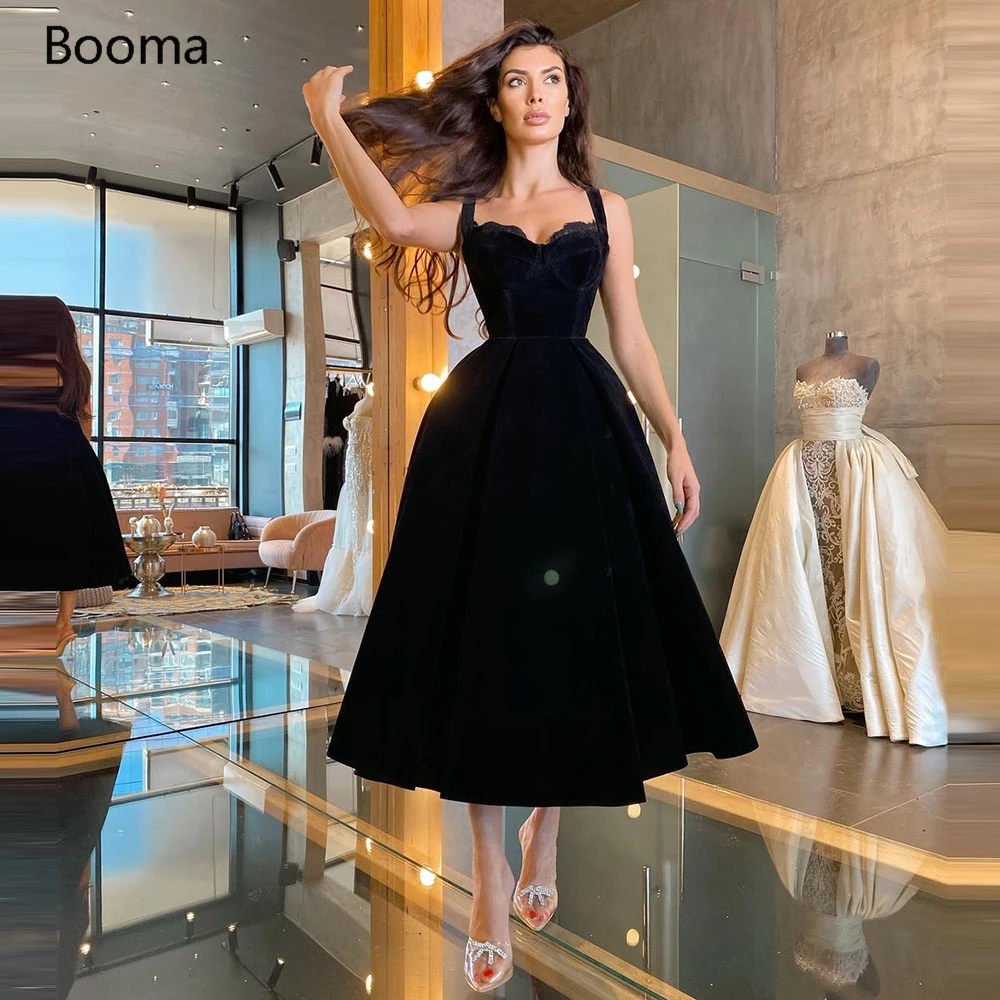 Booma Black Velvet Short Prom Dresses Sweetheart Tea-Length Velour Gowns Spaghetti Straps A-Line Formal Party | Свадьбы и торжества