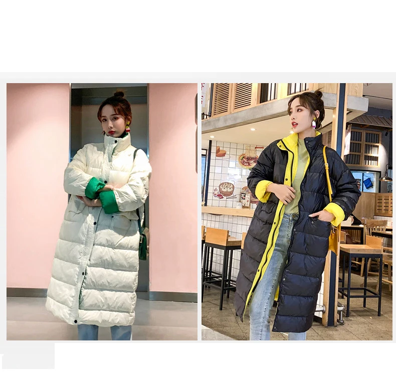 Black/White Loose Women Winter White Duck Long Down Jackets Fashion Collar Black Warm Ladies Dow Coat Girls Female Parka Jackets