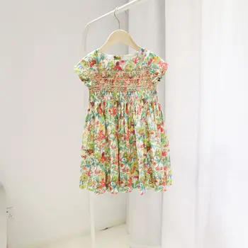 

2020 in stock girls dress smocking floral pattern short sleeve summer cotton girls dresses
