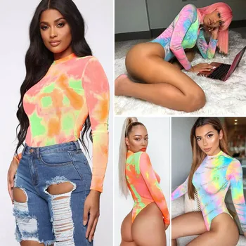 

Long Sleeve High Neck Neon Print Bodycon Sexy Slim Christmas Bodysuit 2019 Autumn Winter Women Fashion Fit Body For Party Club