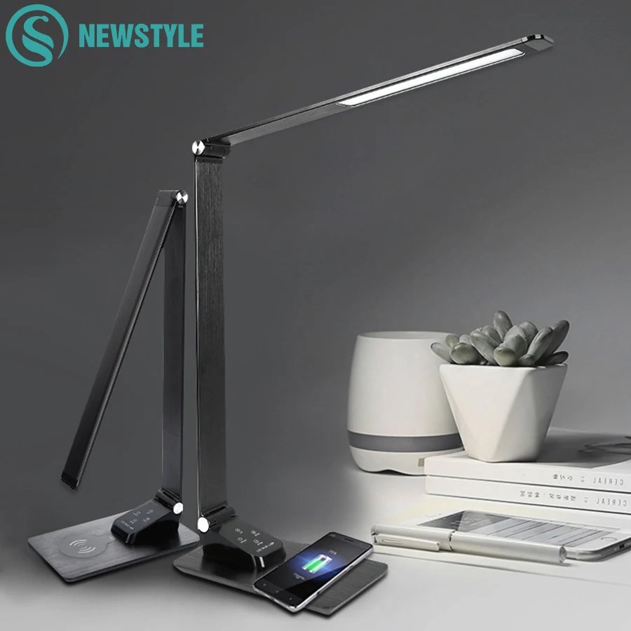

LED USB Wireless Charging Desk Lamp Foldable Dimmable Touch Table Lamp with Calendar Time Alarm Clock Reading Table Light