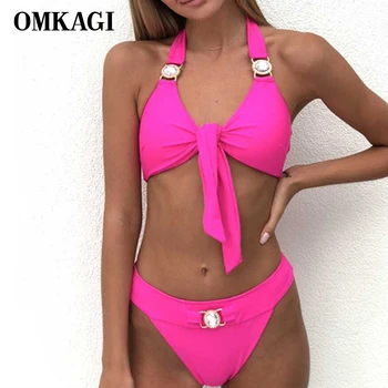 

OMKAGI Bikini Solid Rhinestone Bikini Set Knot Bandage Sexy Crystal Diamond Swimsuit Female Swimming Bathing Suit Swimwear Women