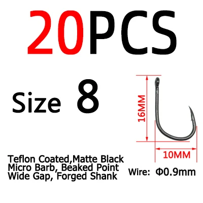 ICERIO 20pcs Straight Handle Beaked Point Wide Gap Carp Fishing Hook High Carbon Steel Matt Black Barbed Pop-up Rig Hooks 20pcs  Size 8