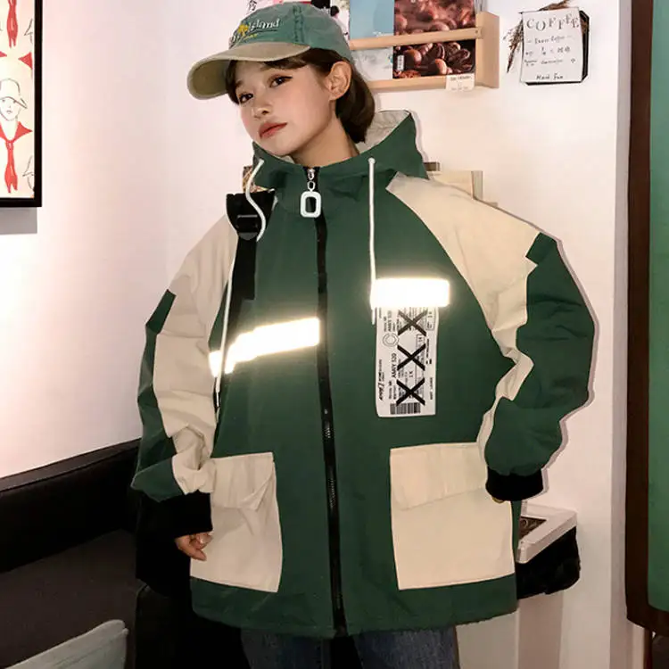 Осенняя Свободная Женская Куртка карго Harajuku Bomber хип хоп толстовка куртка со светоотражателями негабаритная куртка базовые пальто толстовки уличная