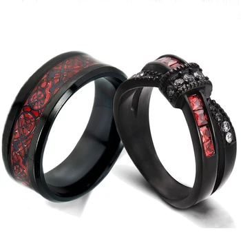 

Trendy Couple Rings Stainless Steel Men Ring Cute Bow White / Red Zircon Women Ring Wedding Engagement Ring Lover Gift