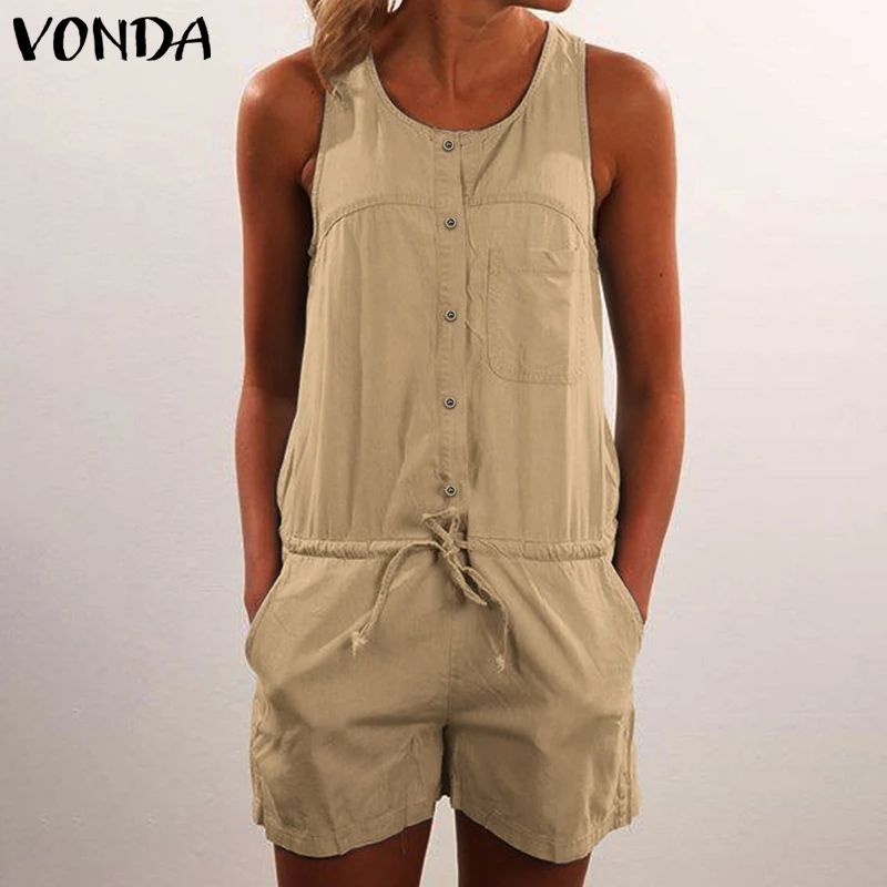VONDA-monos de lino Vintage para mujer, monos de moda sin mangas con tirantes, monos de fiesta de talla grande, Palazzo de camal ancho