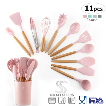 

Newest Silicone Cooking Utensils Set Wooden Handle Non-stick Spatula Shovel Cooking Tools FDA Kitchen Tools with Storage Box