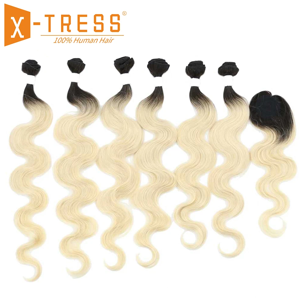 Ombre черный блондинка 613 # Цвет человеческих волос Weave 6 Связки с закрытием X-TRESS тела волны бразильский non-реми пряди волос на сетке