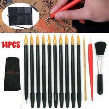 

14pcs Scratch Coloring Stylus Paper Art Tool Scratch Color Pen Dual Tip With Bamboo Sticks Scraper Scratch Pen Brush Storage Bag