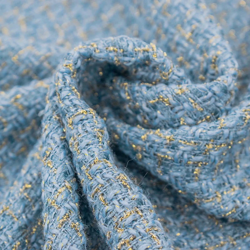 Blue Gold Wire Plaid Weave Tweed Fabric For Coat Skirt Tissus Au Mètre Telas Por Metro Tкань для шитья Tissu Sewing Tela Tecido