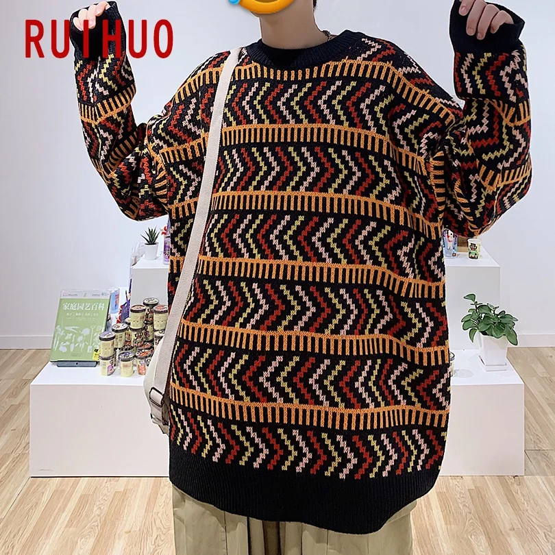 RUIHUO, новинка, Осень-зима, полосатый Повседневный свитер для мужчин, толстый вязаный пуловер для мужчин, модный бренд, мужские свитера, Вязанная одежда, M-2XL