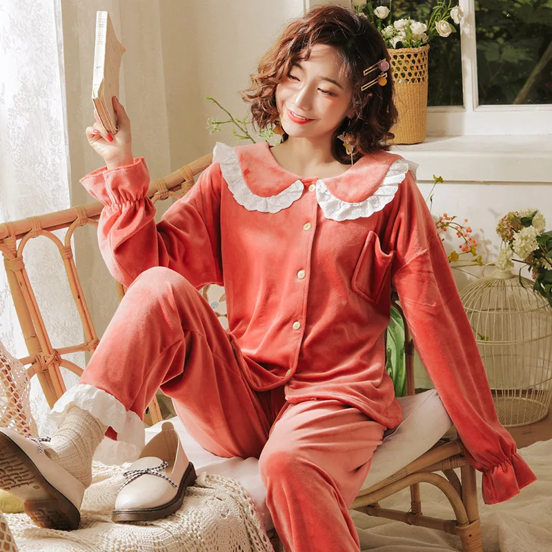 

Coral Velvet Pajamas Women Autumn Winter Sweet Lovely Princess Wind Pajama Sets Home Homewear Flannel Thick Warm Set 2-piece Set