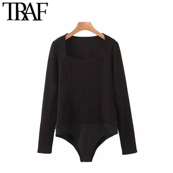 

TRAF Women Vintage Sexy Basic Black Bodysuits Fashion Long Sleeve Stretch Slim Female Playsuits Chic Tops