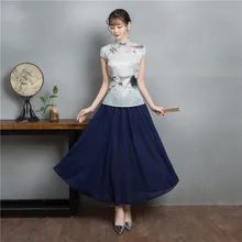 Летний Стиль, искусственный шелк, комплект платья Ципао, художественный стиль, винтажная Улучшенная юбка чонсам, комплект из двух предметов, приталенный, тканый