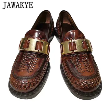 

Retro Woven Leather Women Loafers High Quality Metal Buckle Platform Shoes Woman Cozy British Style Slip On Flat Shoes Ladies