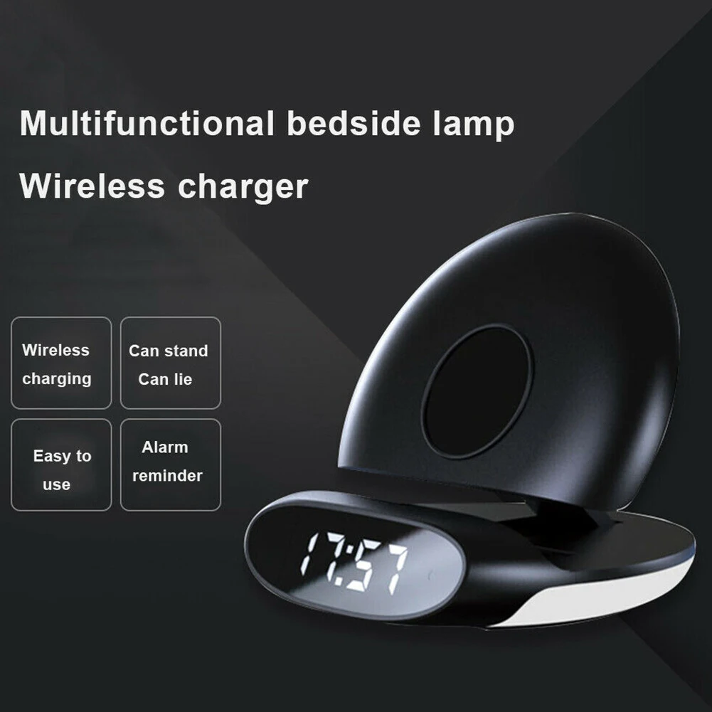 

Portable Fast Charging Travel Wireless Charger Safe LED 10W QI Stand Base With Alarm Clock Digital Universal Dock Bracket