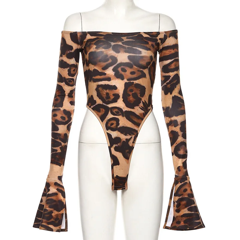 CHRLEISURE Women Jumpsuit One-piece Trumpet Sleeves Word Collar Sexy Leopard Slim Body Tight Autumn Joint Slim