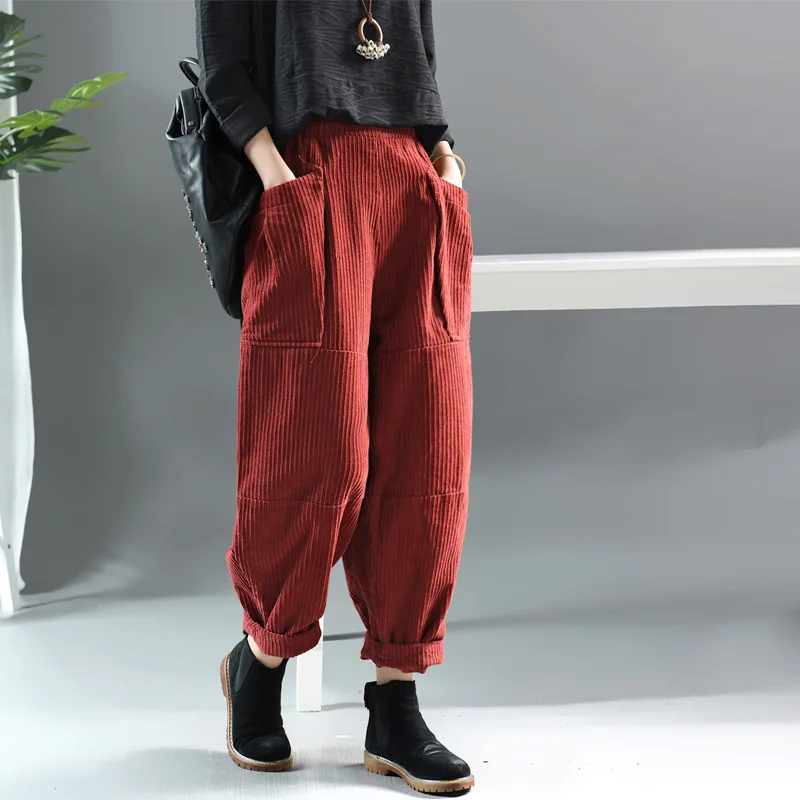 Runback Pantalones Mujer вельветовые повседневные женские штаны-шаровары в стиле ретро с большими карманами, брюки с высокой талией, Весенняя однотонная женская одежда