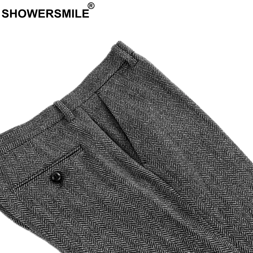 SHOWERSMILE, мужские ретро брюки, шерстяные брюки, мужские деловые серые с узором в елочку, облегающие брюки, твидовая шерстяная одежда, английский стиль