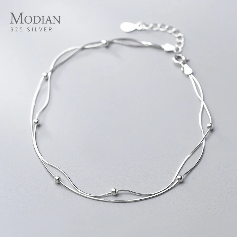 

Modian High Quality Double Layer Snake Chain Anklet for Women Girl With Heart Lobster Clasp Fit Beads Charm Anklet Fine Jewelry