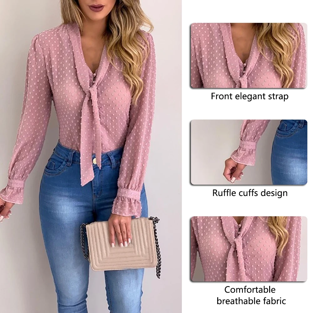 DIHOPE Summer Chiffon Tops Women Pink Blouses and Shirt New Sweet Office Style Women Long Sleeve Shirt blusas mujer de moda 2020