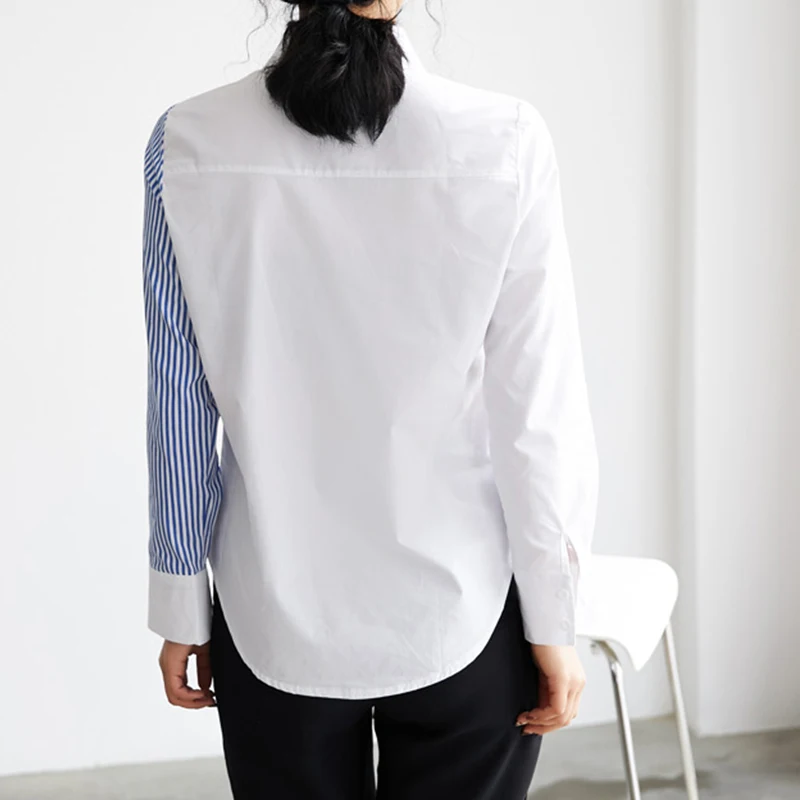 New Arrival Women Turn Down Collar White Shirt Blouse Striped Patchwork Elegant Chic Korean Style Feminina Blusa T9O908F